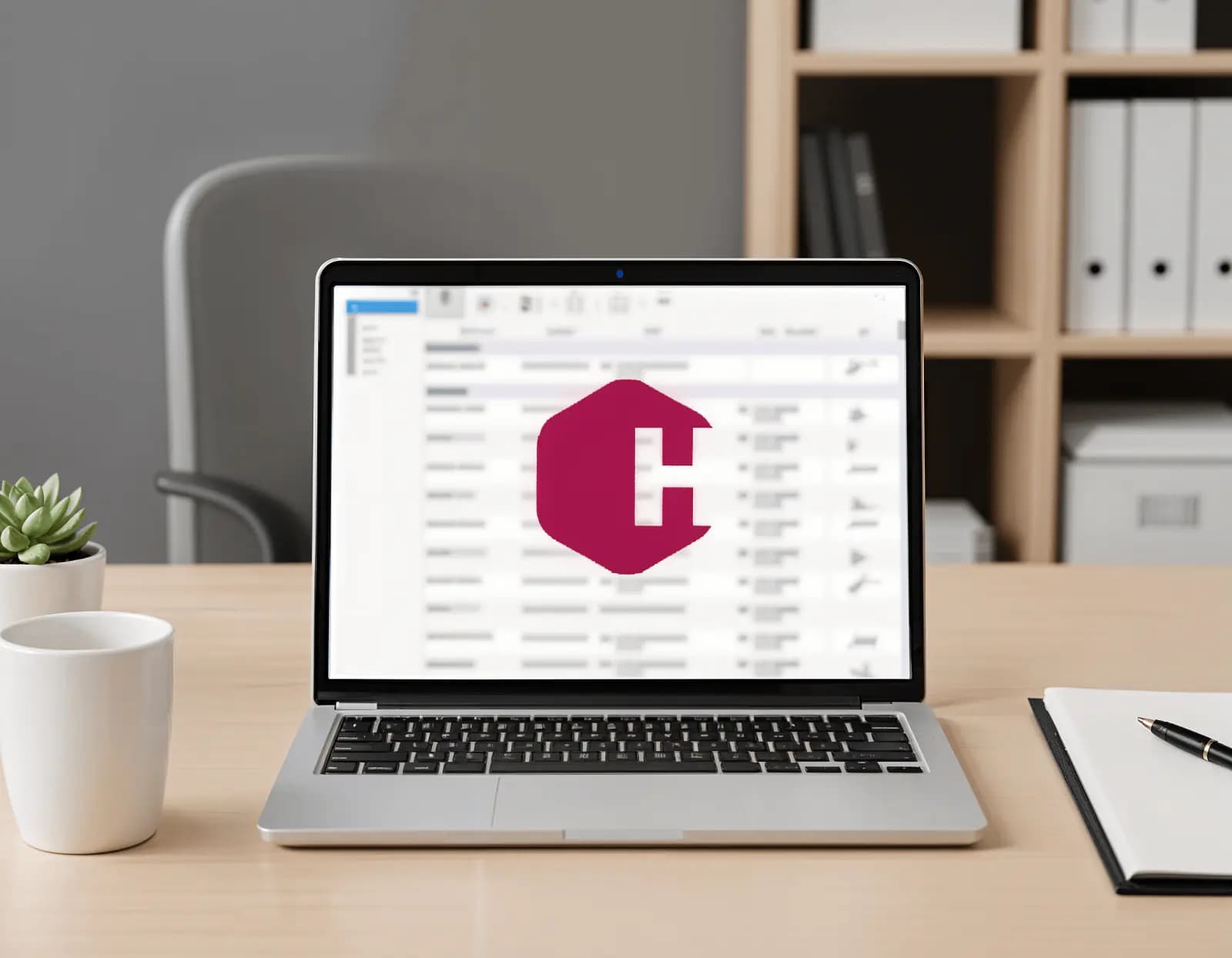 Un ordinateur portable posé sur un bureau affiche une liste de séances dans le logiciel, marquée de son logotype.